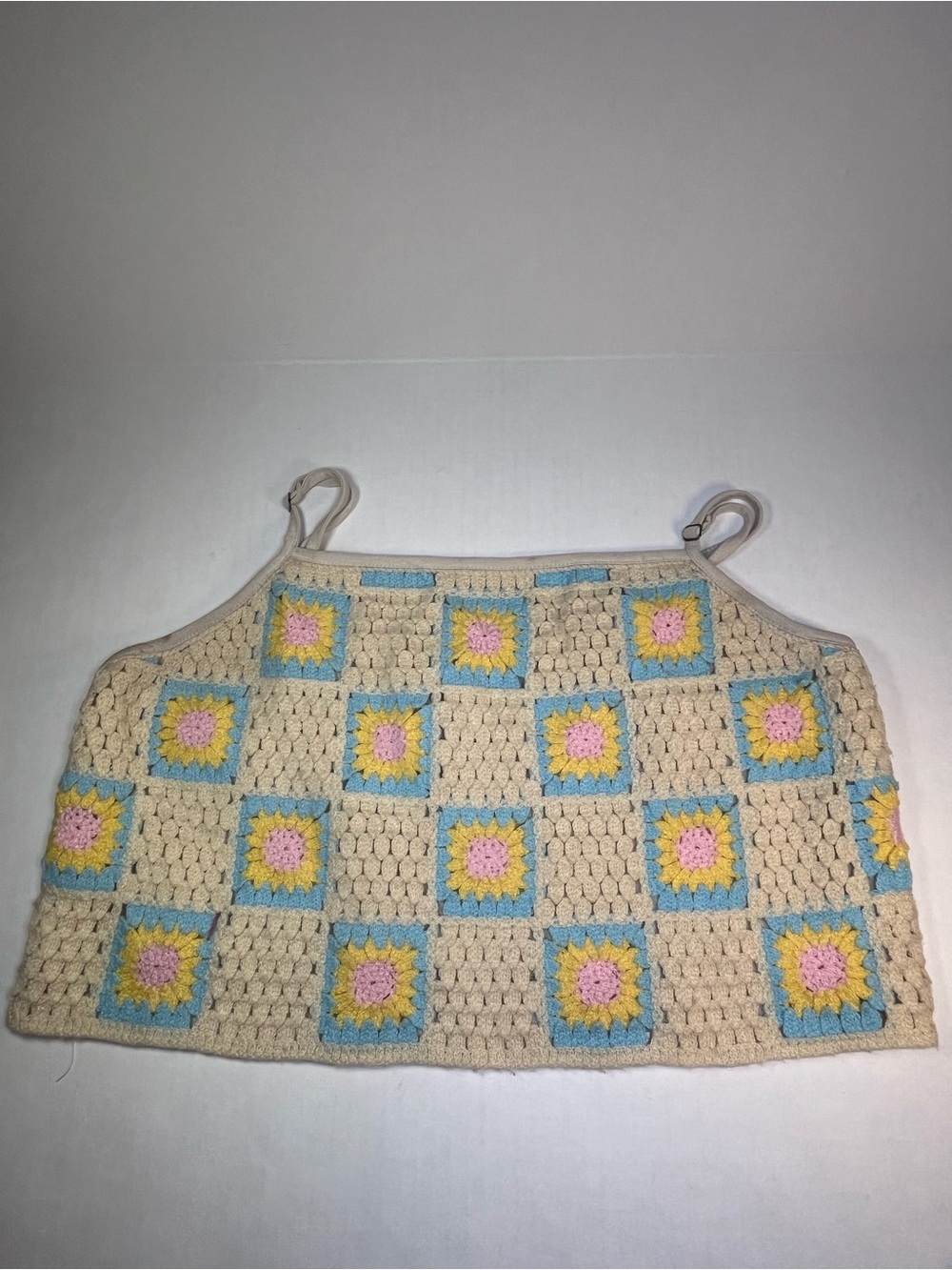 Crochet Tank Top in Cream with Pastel Floral Squares